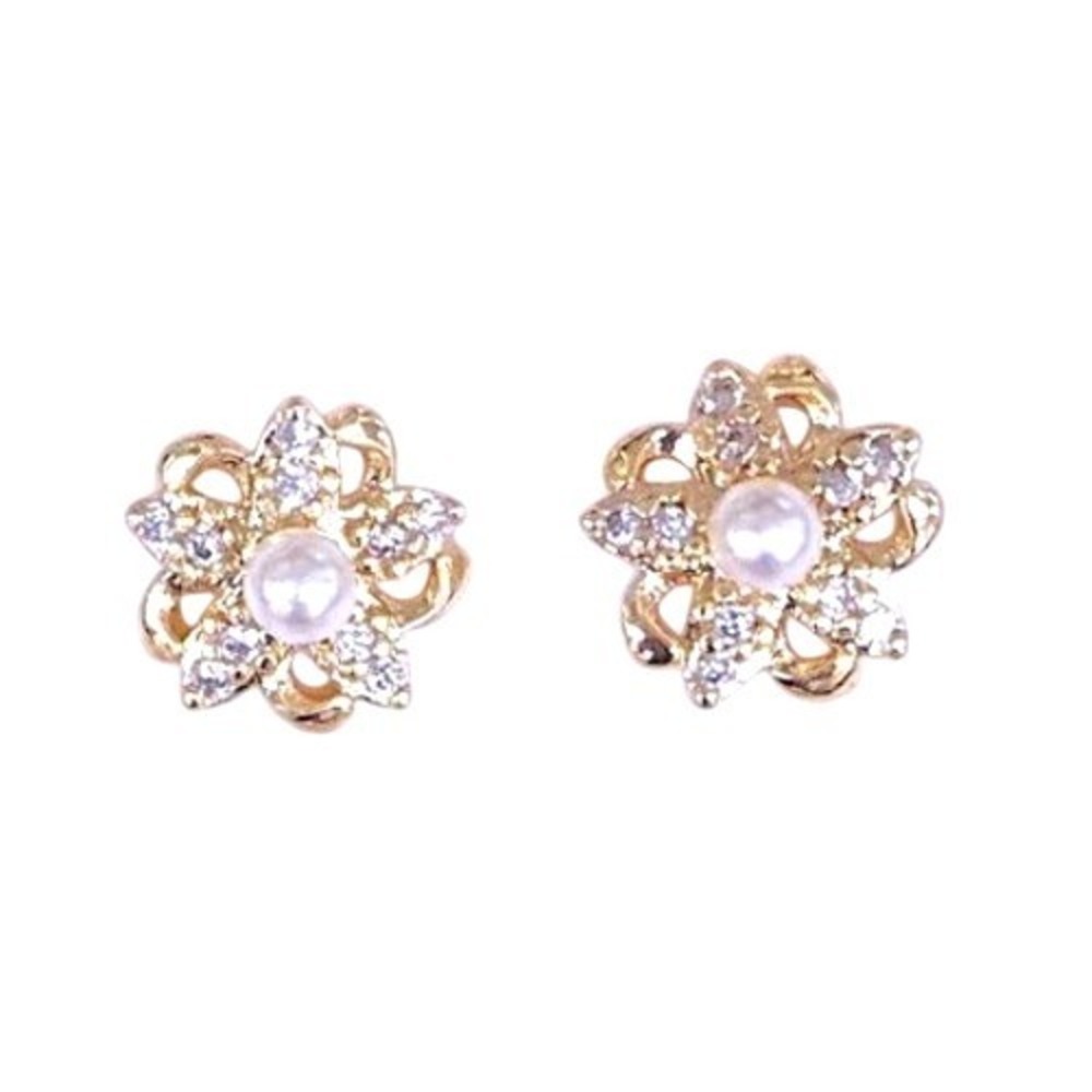 Laminated Gold Flower Earrings Pearl Rhinestone StudsFloral Jewelry Women's Gift